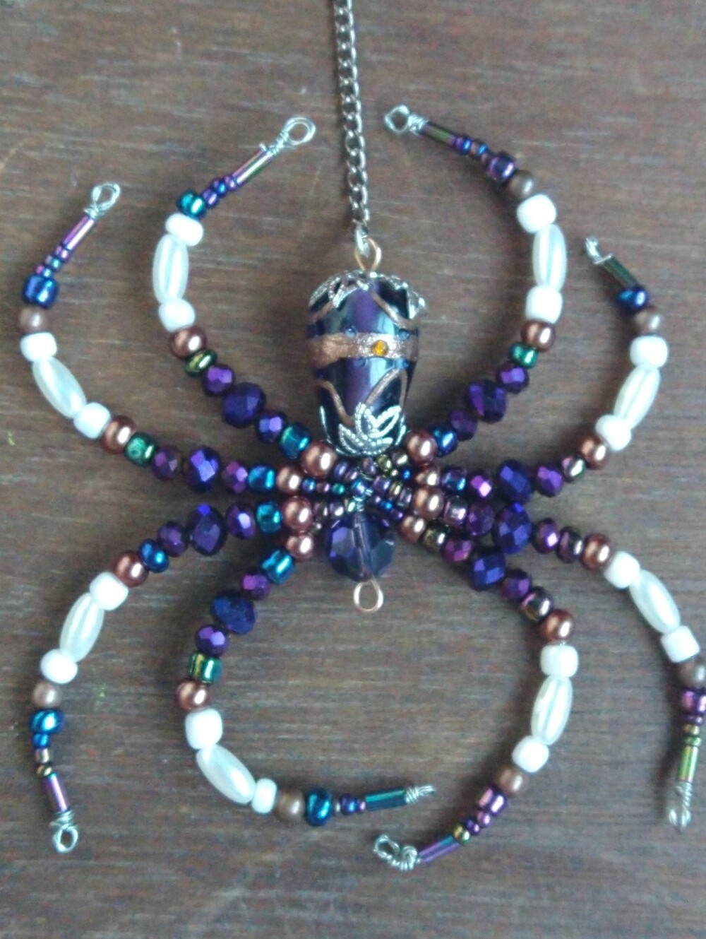 Hand Crafted • Beaded Spider Pendant Necklace - Purple, Brown & Pearl - Picture 11 of 12